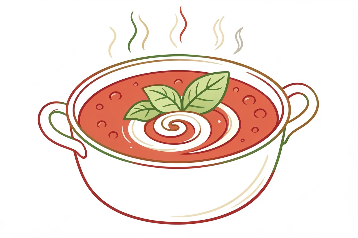 A bubbling pot of tomato soup with a swirl of cream and fresh basil on top.