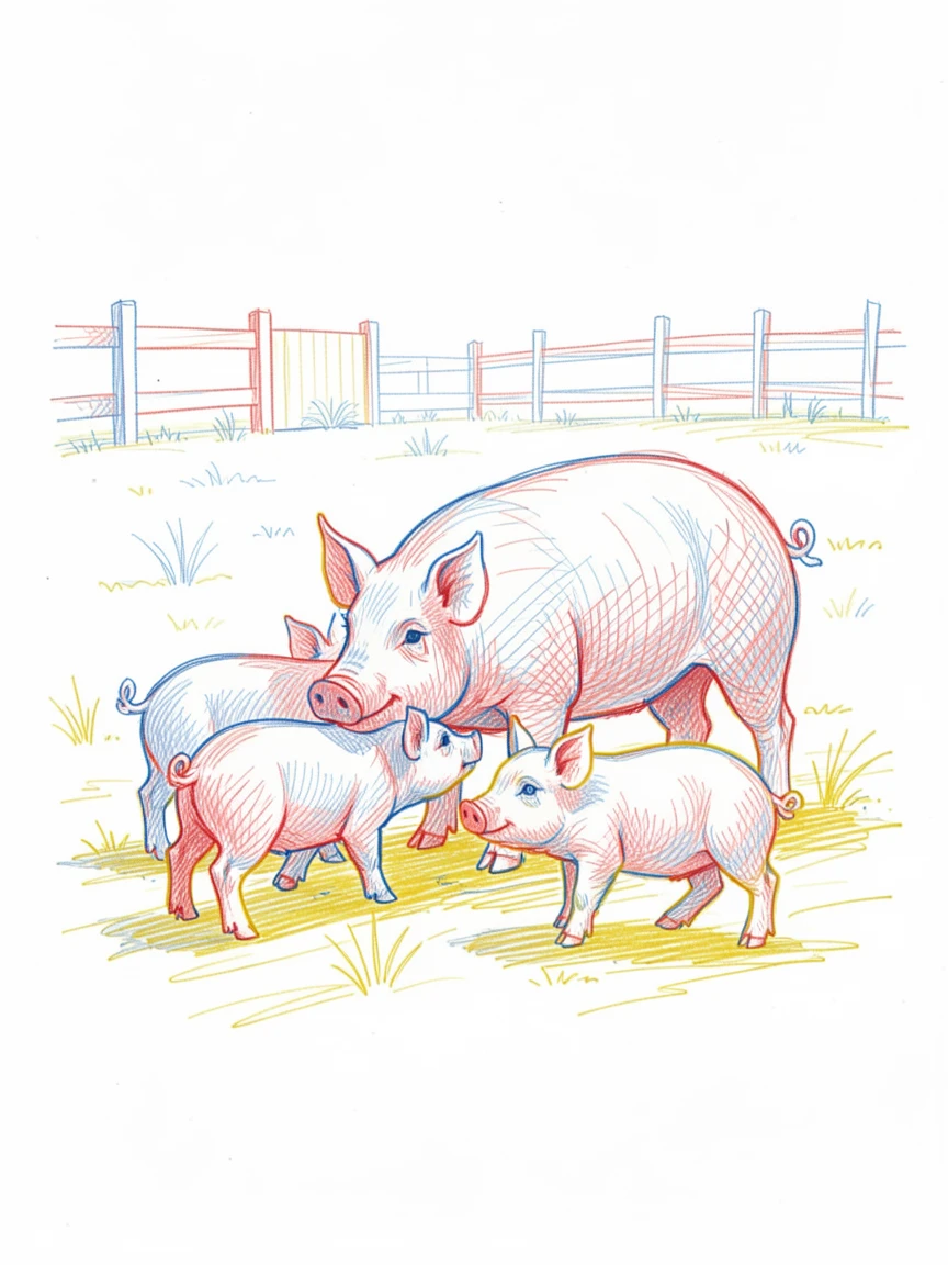 A litter of piglets nuzzling their mother in a sunlit barnyard