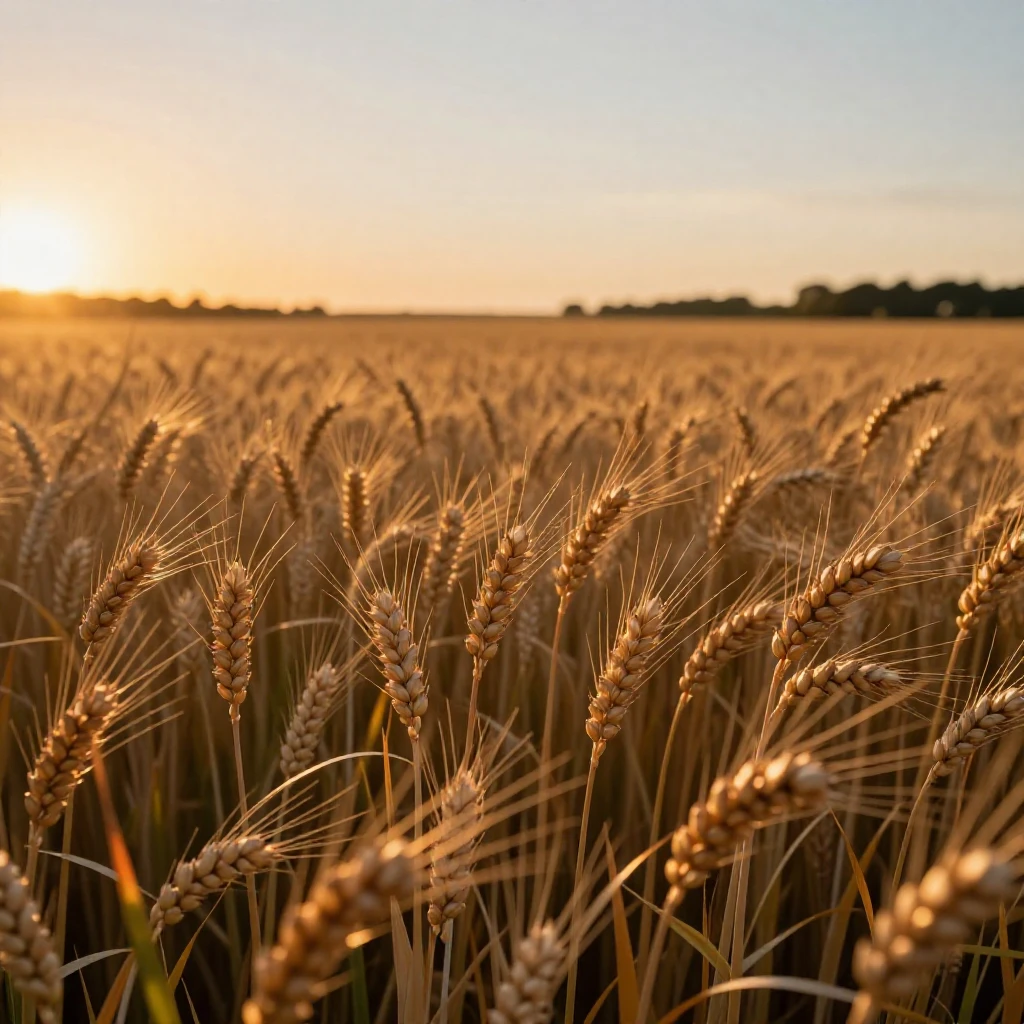 Golden hour light streaming through a wheat field