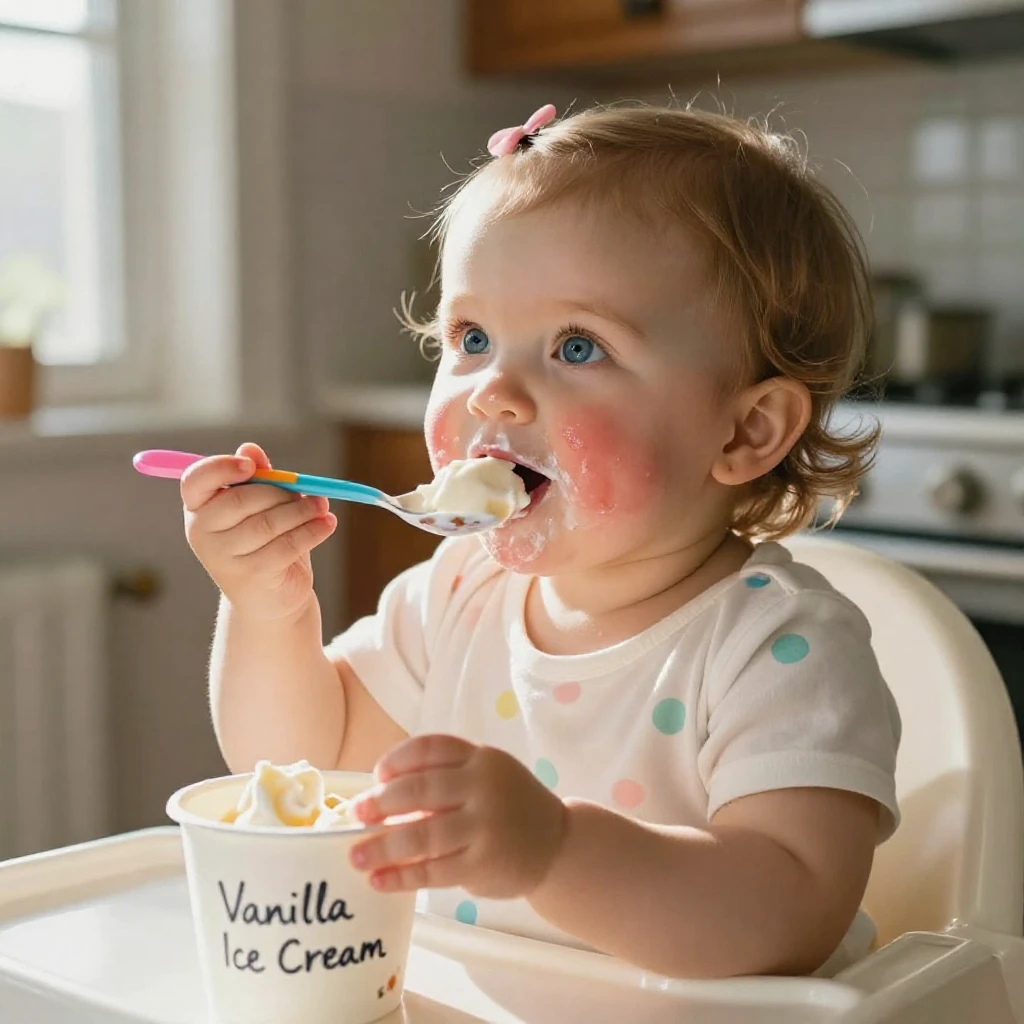A baby's face lights up in pure delight the first time she tastes ice cream.