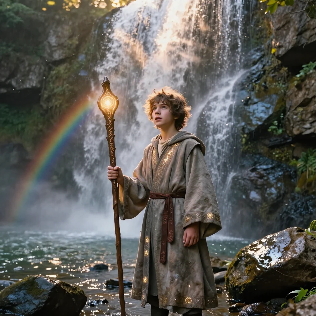 A young apprentice mage standing beside a waterfall that flows upward