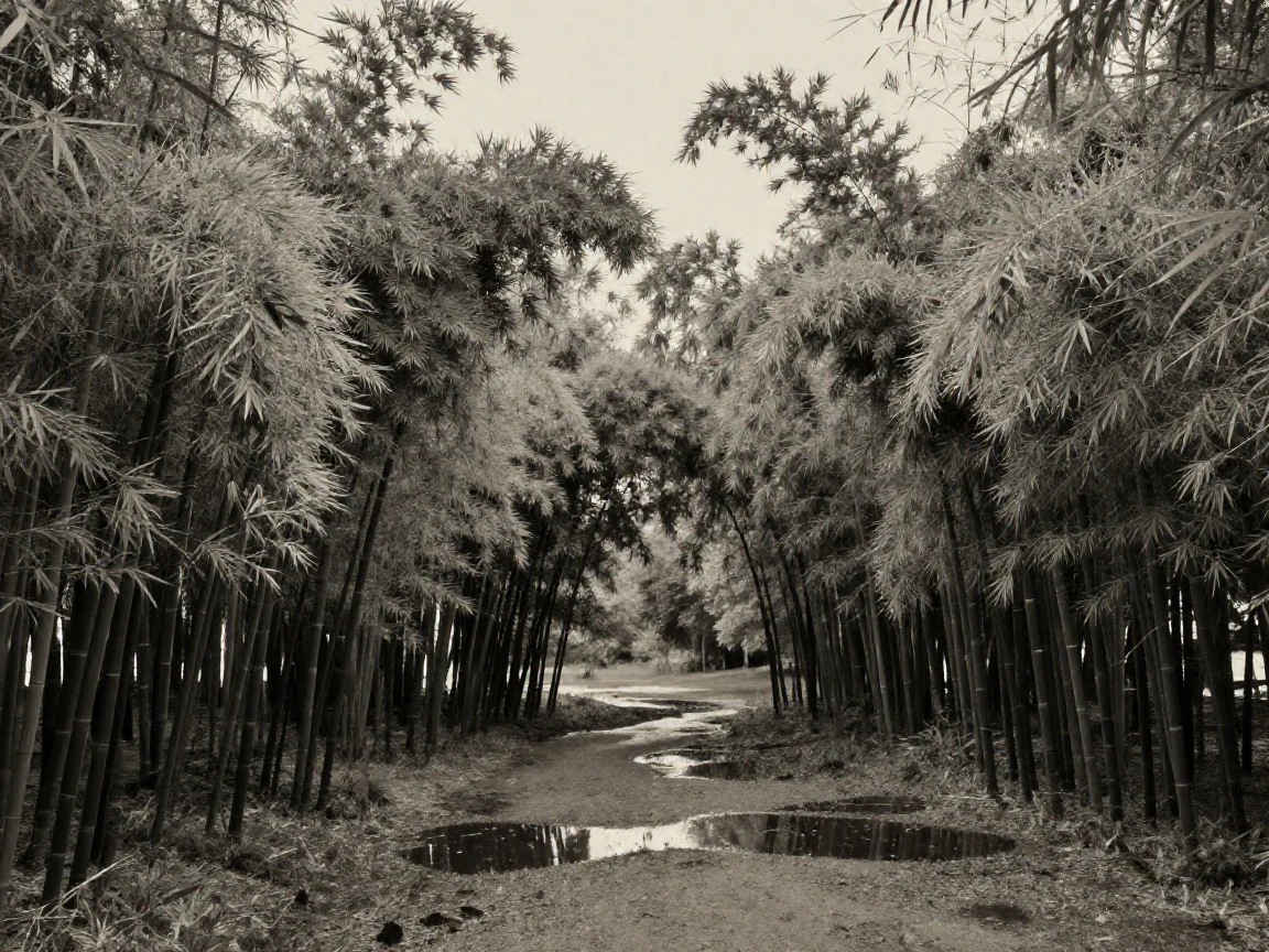 Tall stalks of bamboo swaying gently in a quiet grove, in gentle diffused daylight, just after a rain shower, with puddles reflecting the sky, as summer fades into fall, with stark black-and-white contrast softened by a single warm hue, from a wide establishing view.