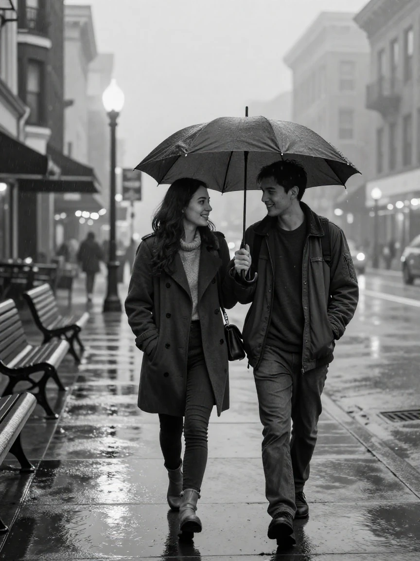 Two best friends share an umbrella in the rain walking through a misty downtown.