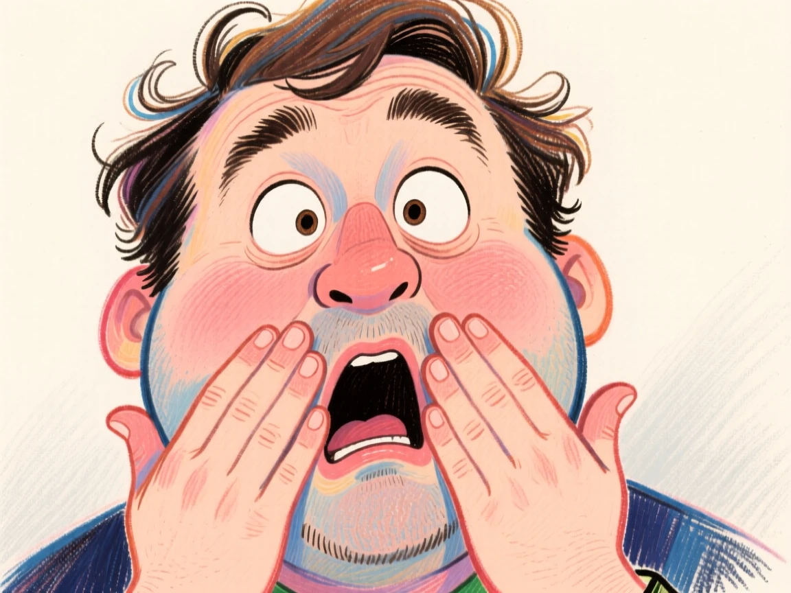 A man mid-hiccup, both hands slapped over his mouth in surprise.