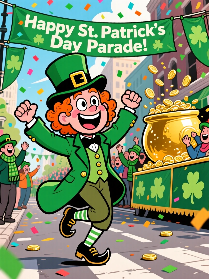 A festive celebration scene of a St. Patrick's Day parade with a jubilant leprechaun-costumed reveler dancing a jig.