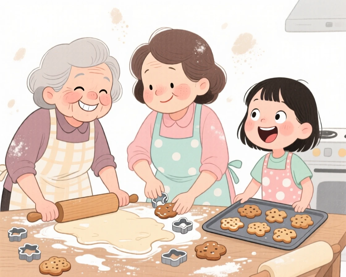 Three generations of women baking cookies together in a flour-dusted kitchen