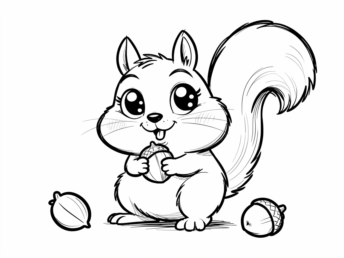 [Cute Animals & Pets] Adorable scene of a curious squirrel stuffing acorns into its cheeks, bursting with charm and playful energy