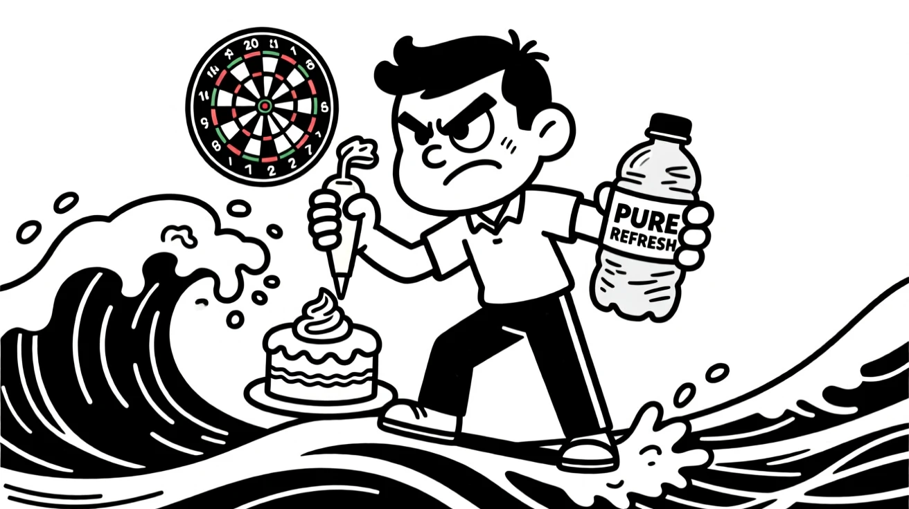 A darts player squinting one eye in fierce concentration, adding one final delicate swirl of frosting, set on a cresting ocean wave. A water bottle is crushed flat from being gripped so hard. The image is a playful ode to hobbies people truly love.