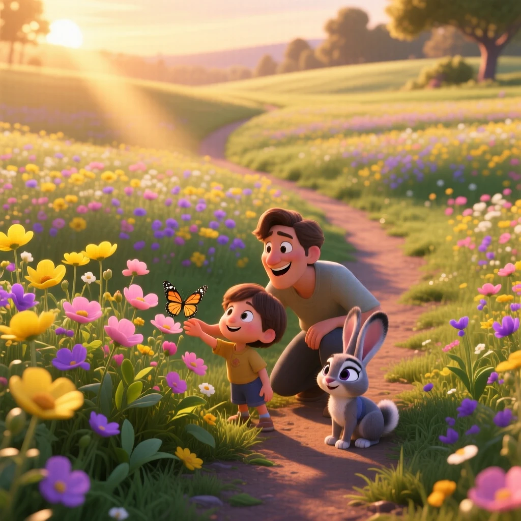 A field of wildflowers glows as golden hour light bathes everything in warm color, with a narrow path winding through the scene. A gentle reverence for nature's beauty lingers here.
