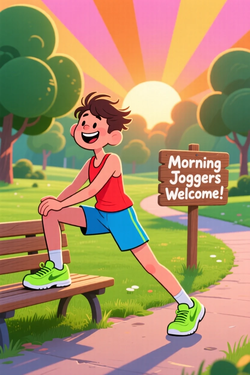 A jogger stretching in a park as the sun rises.