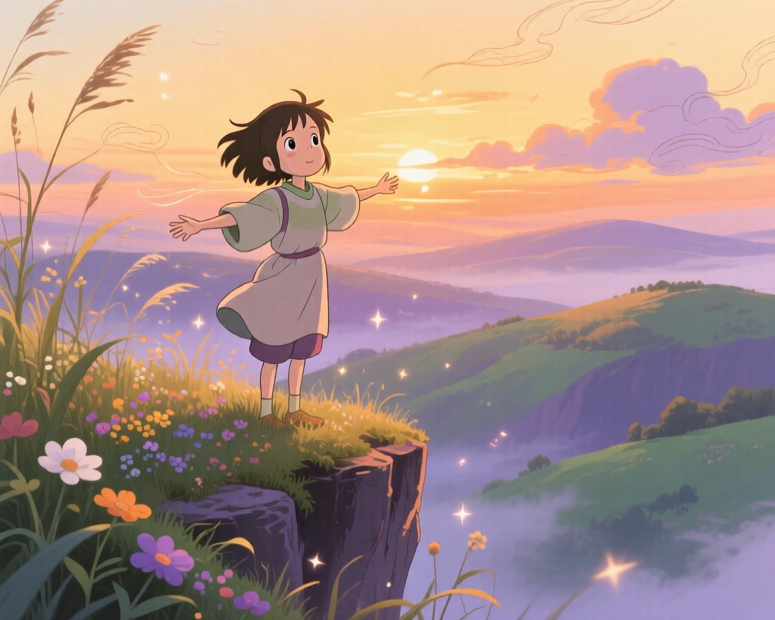 A tender moment of a person standing at the edge of a cliff, arms open to the wind, the scene filled with hope.