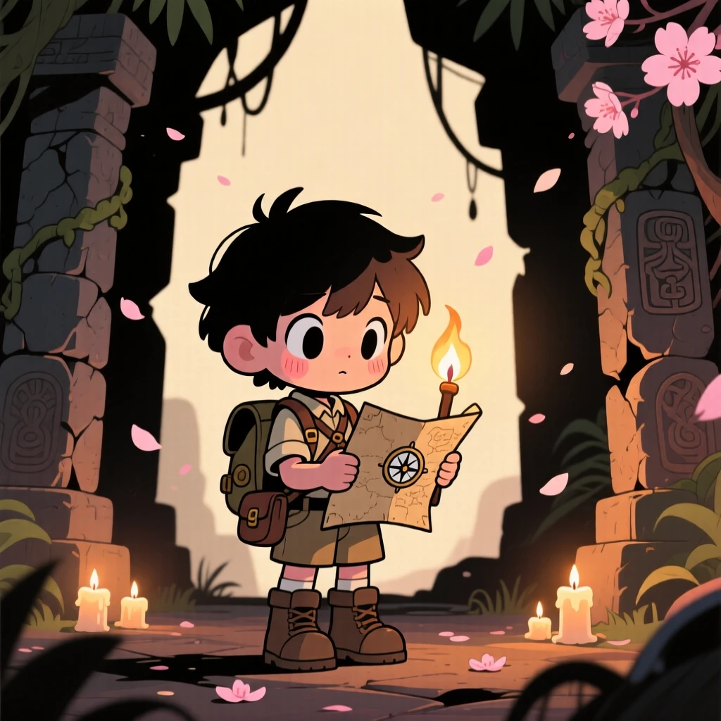 A young explorer with a compass studying an old treasure map by torchlight, framed as a silhouette composition within a jungle temple ruin, as cherry blossom petals drift on the breeze, glowing under gentle candlelight, evoking shy bashfulness.