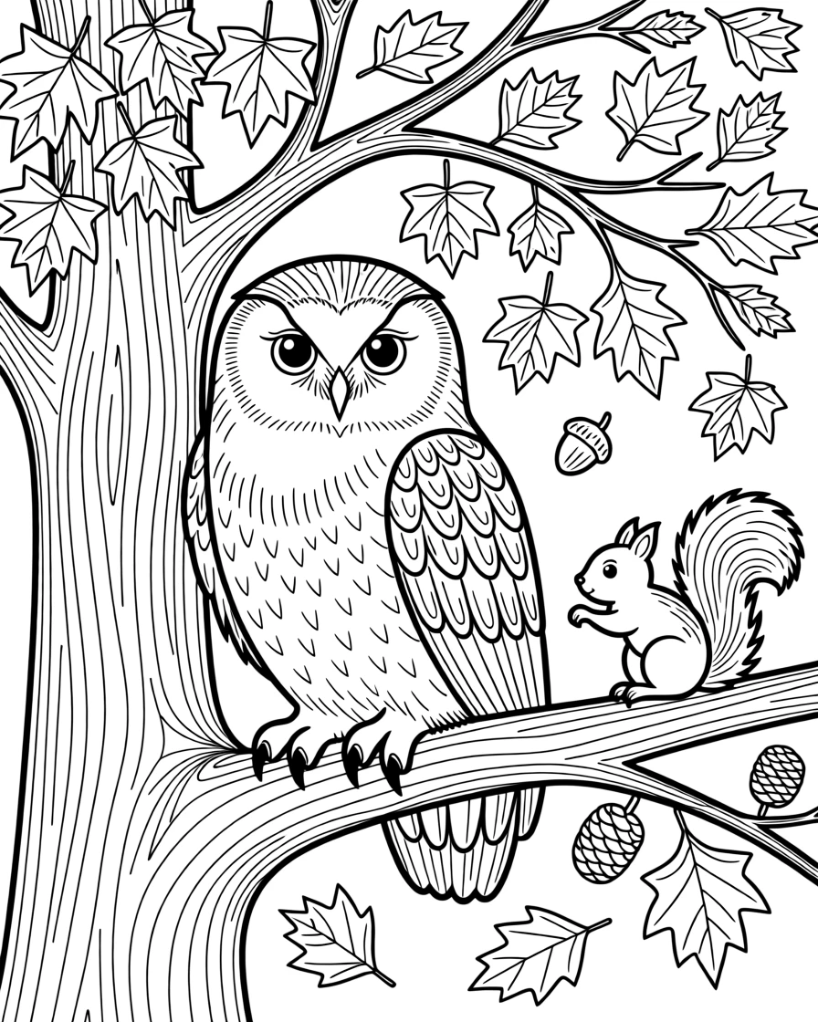 A snowy owl resting beneath a canopy of autumn leaves, with claws gripping the bark tightly.