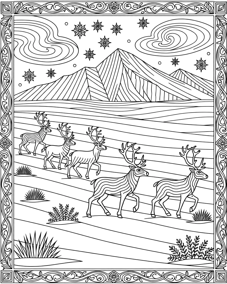 A herd of reindeer walking across a snowy tundra.