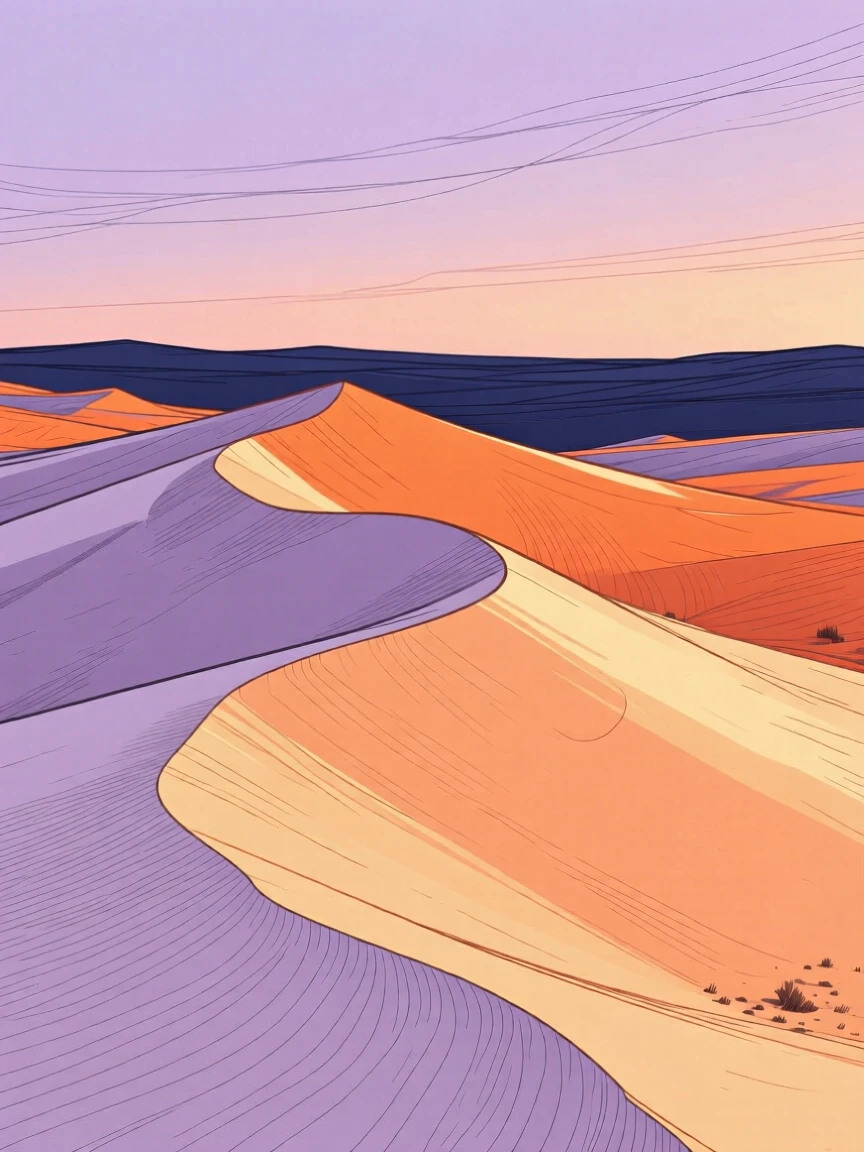 A desert landscape with wind-sculpted sand dunes at dusk.