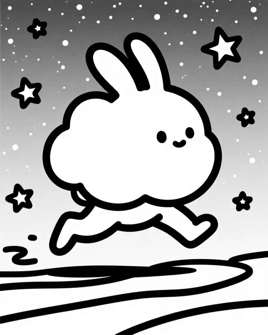 A round bunny-cloud hybrid creature hopping across a starry sky.