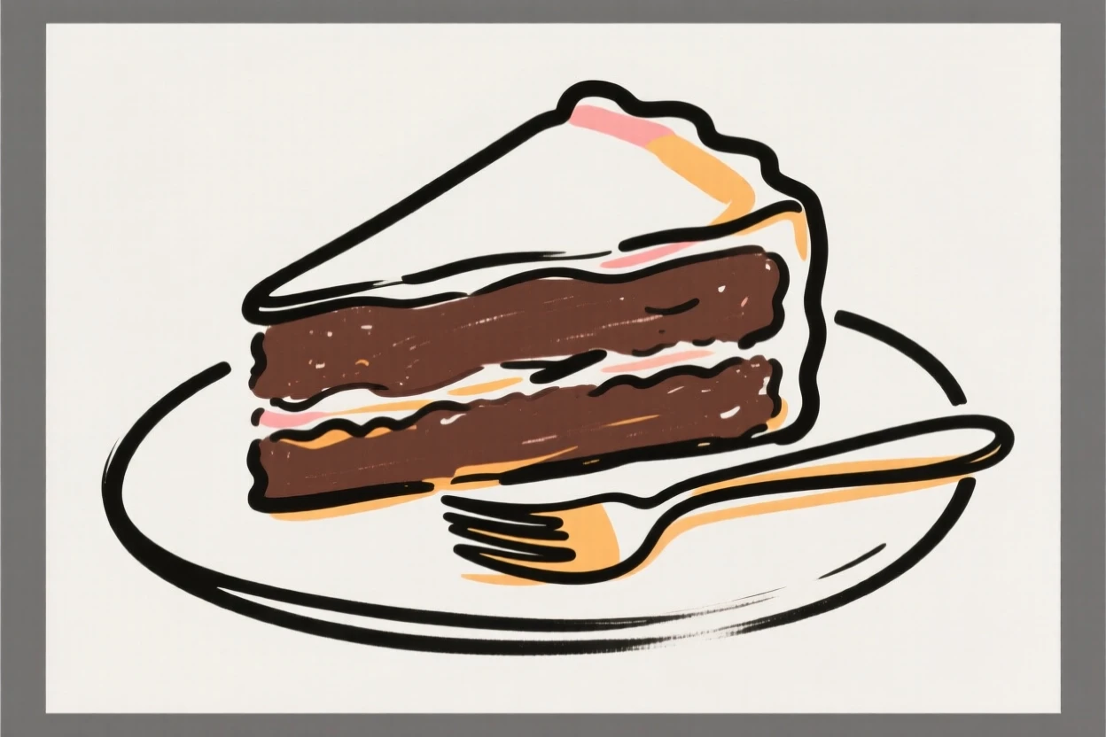 A slice of rich chocolate cake with a fork resting beside it.
