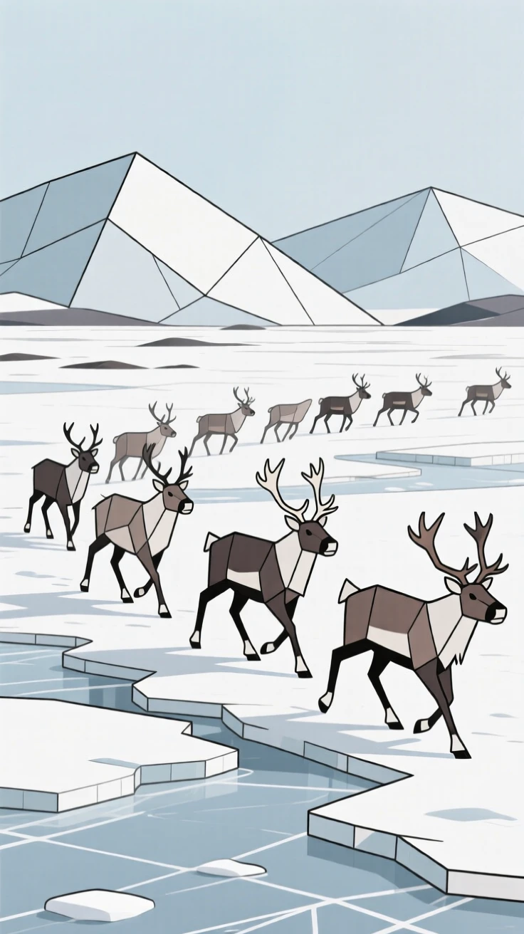 A caribou herd crossing a frozen tundra landscape