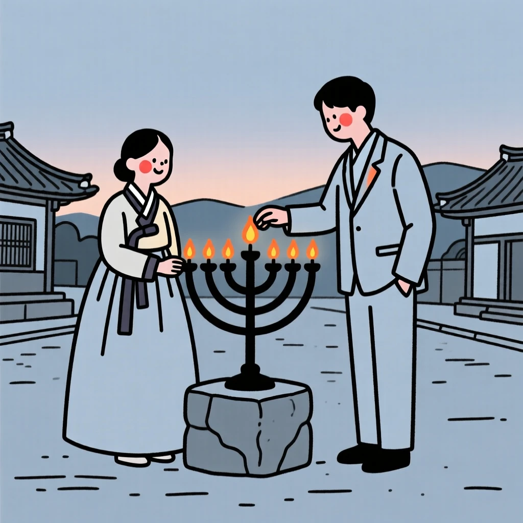 Newlyweds of Korean heritage lighting a menorah for Hanukkah, on a village square at dusk.