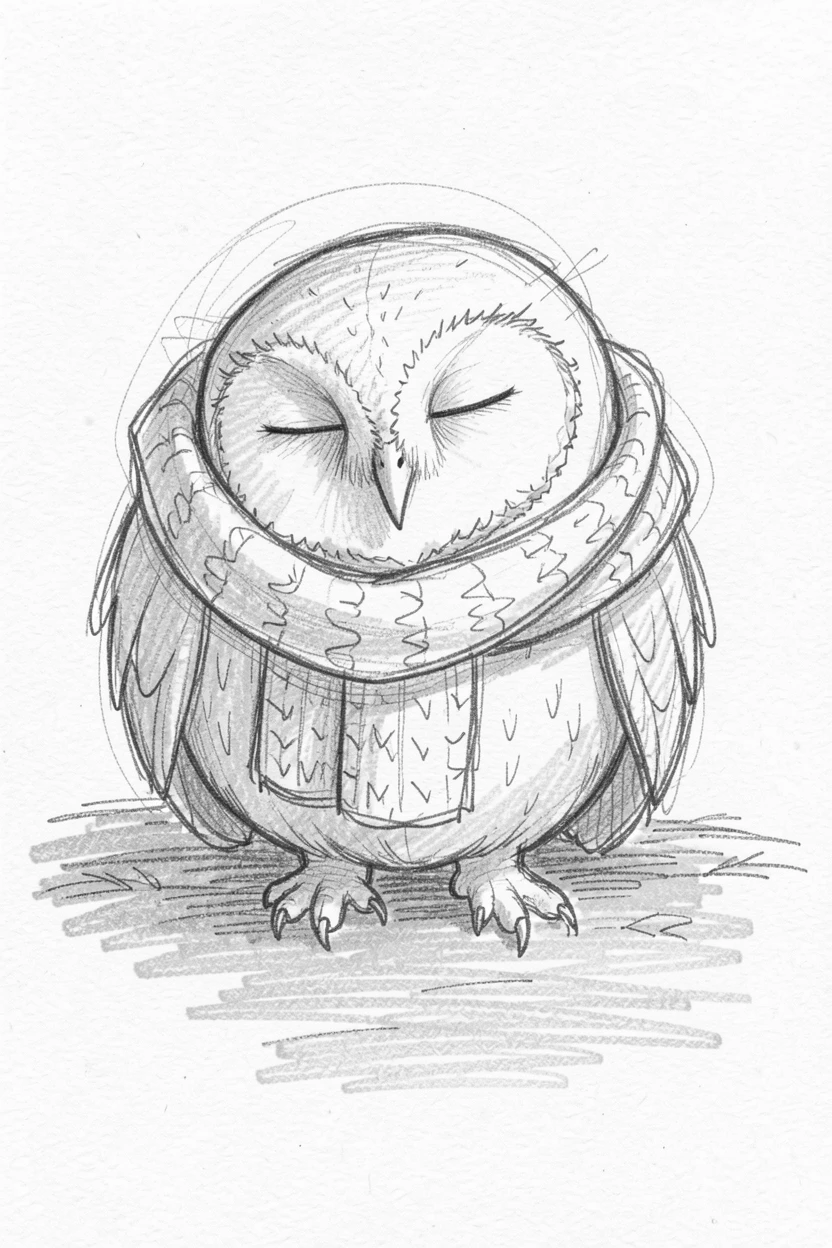 A wise-looking owl napping in a patch of warm sunlight, wrapped loosely in a knitted scarf.