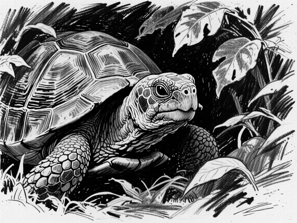 A wise old tortoise peeking out curiously from behind foliage.