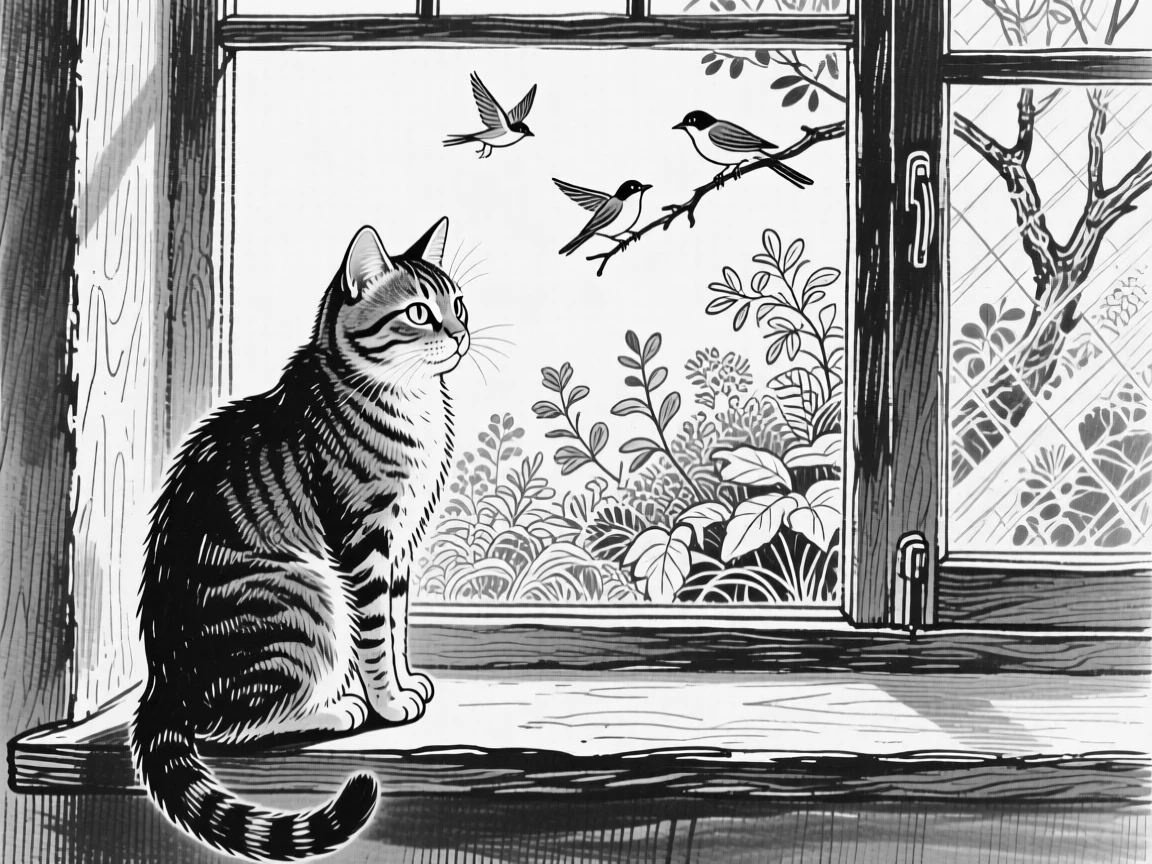 A cat sitting attentively at a window watching birds in a garden.