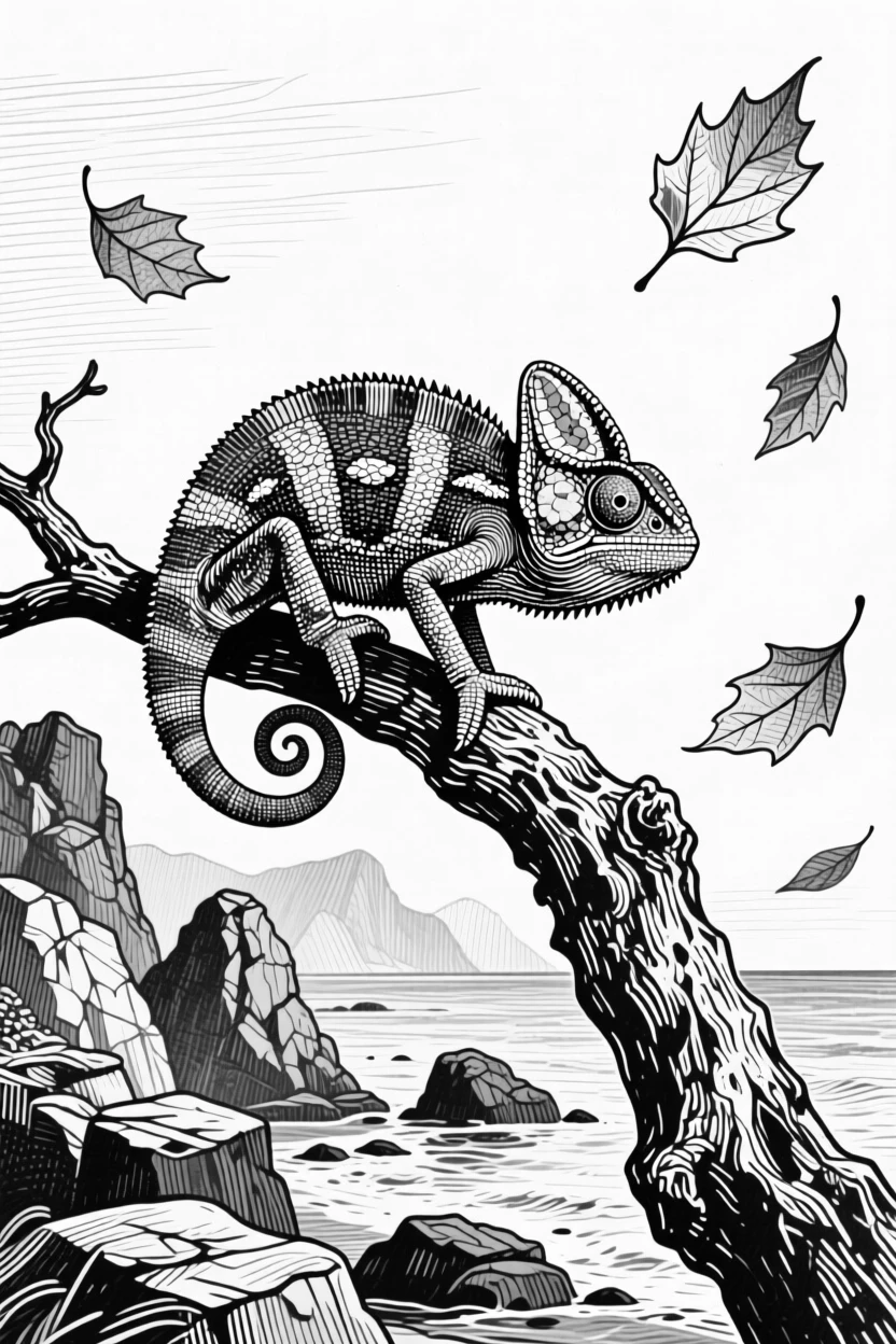 A chameleon on a branch along a rocky coastline, surrounded by falling leaves, capturing a tender and protective moment in nature with a strong, centered focal point.