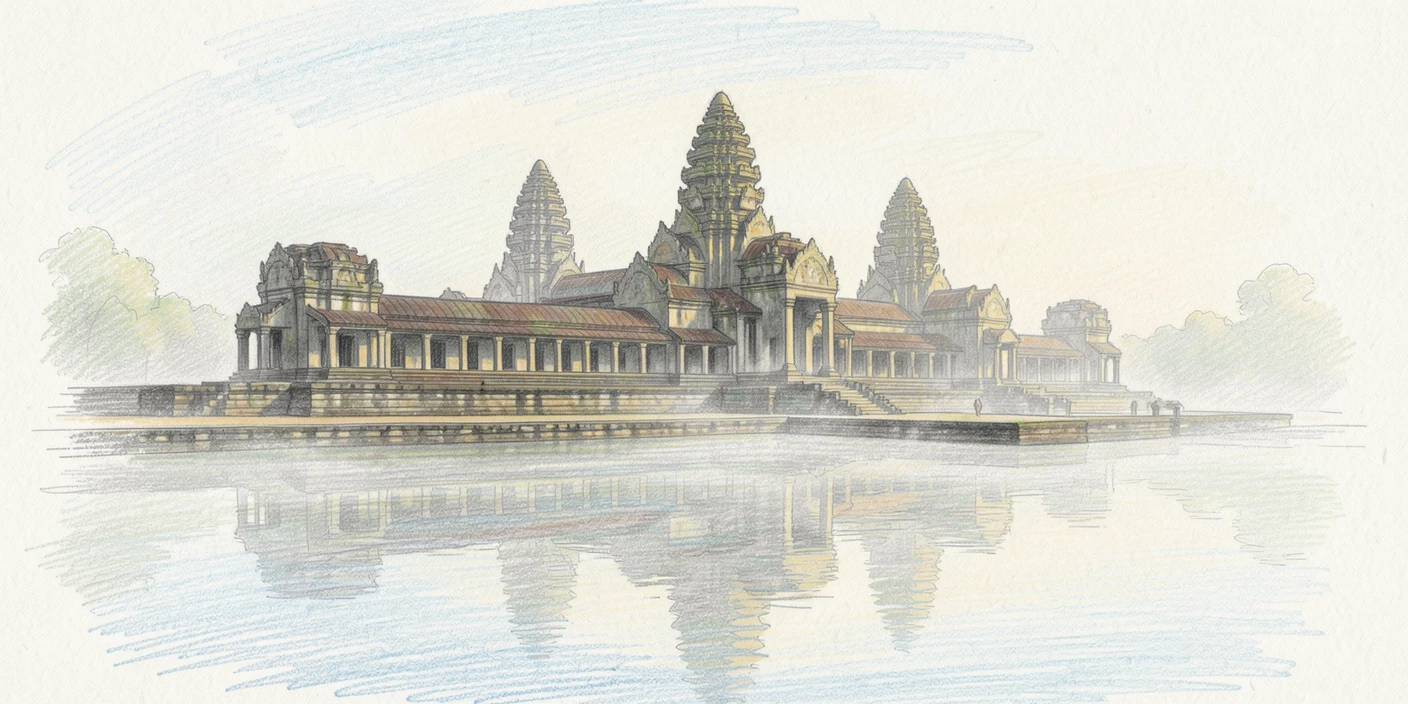 The ancient temples of Angkor Wat emerging through morning mist, with reflections shimmering on calm water nearby, designed to inspire dreams of travel and adventure.