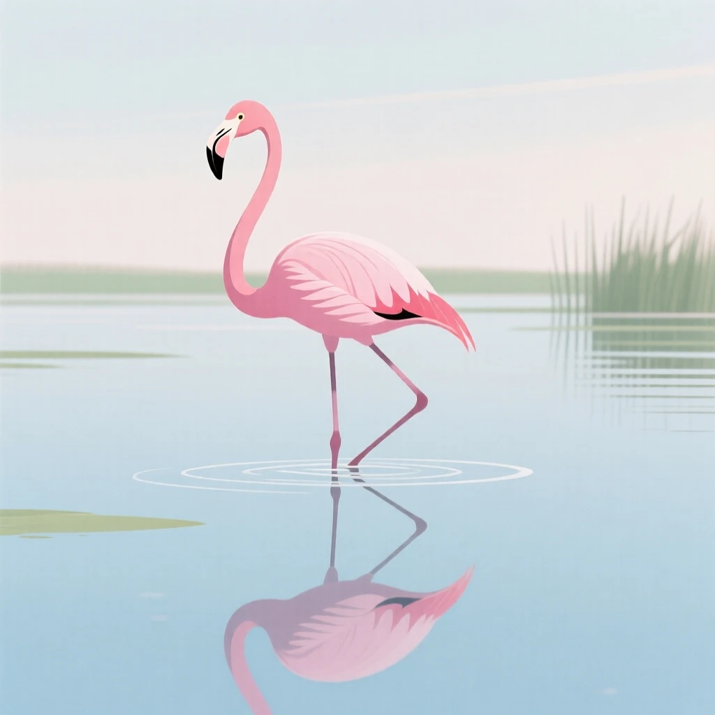 A flamingo standing gracefully in a shallow, mirror-still lagoon.