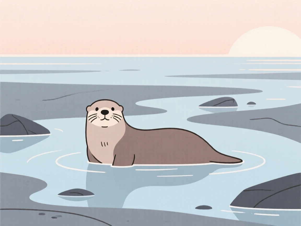 A curious sea otter pausing in a tide pool at low tide, with soft morning light in the background, radiating calm contentment.