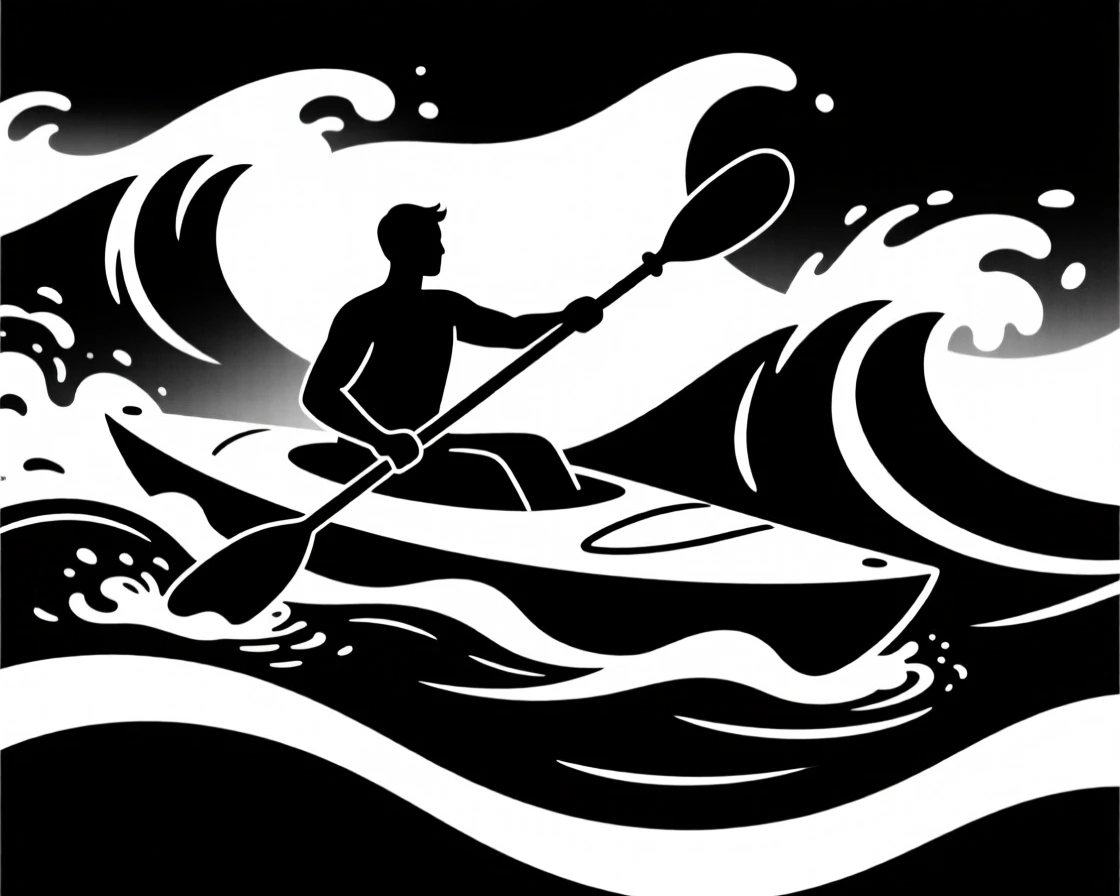 A kayaker paddling through churning rapids.