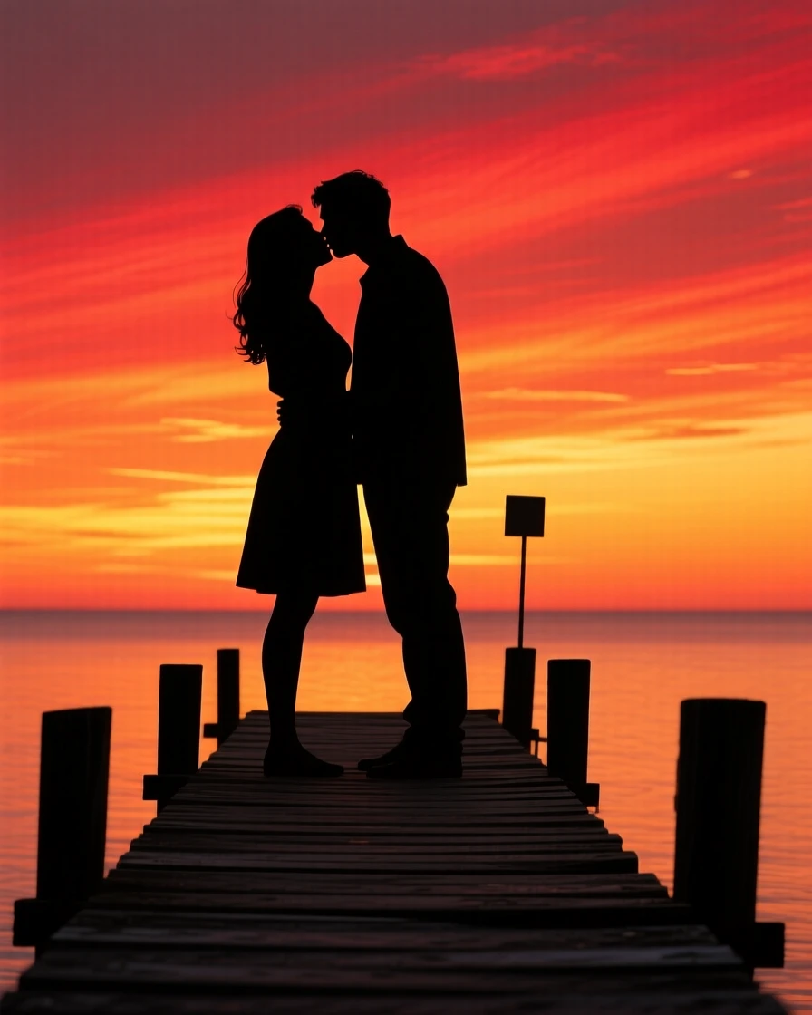 A couple sharing a quiet kiss on a wooden pier as the sun sets behind them.