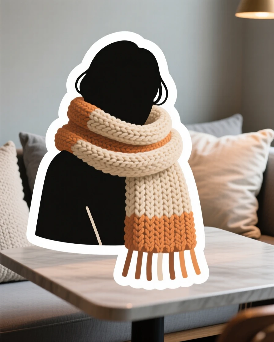 A softly lit knitted wool scarf, nestled among soft throw pillows, on a café table with soft ambient light.