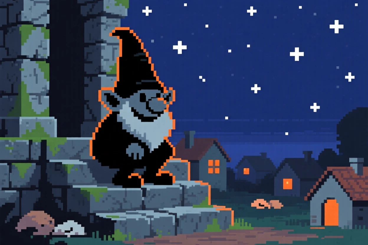 A mischievous gnome watching over a sleeping village at night, on the steps of an old stone temple.