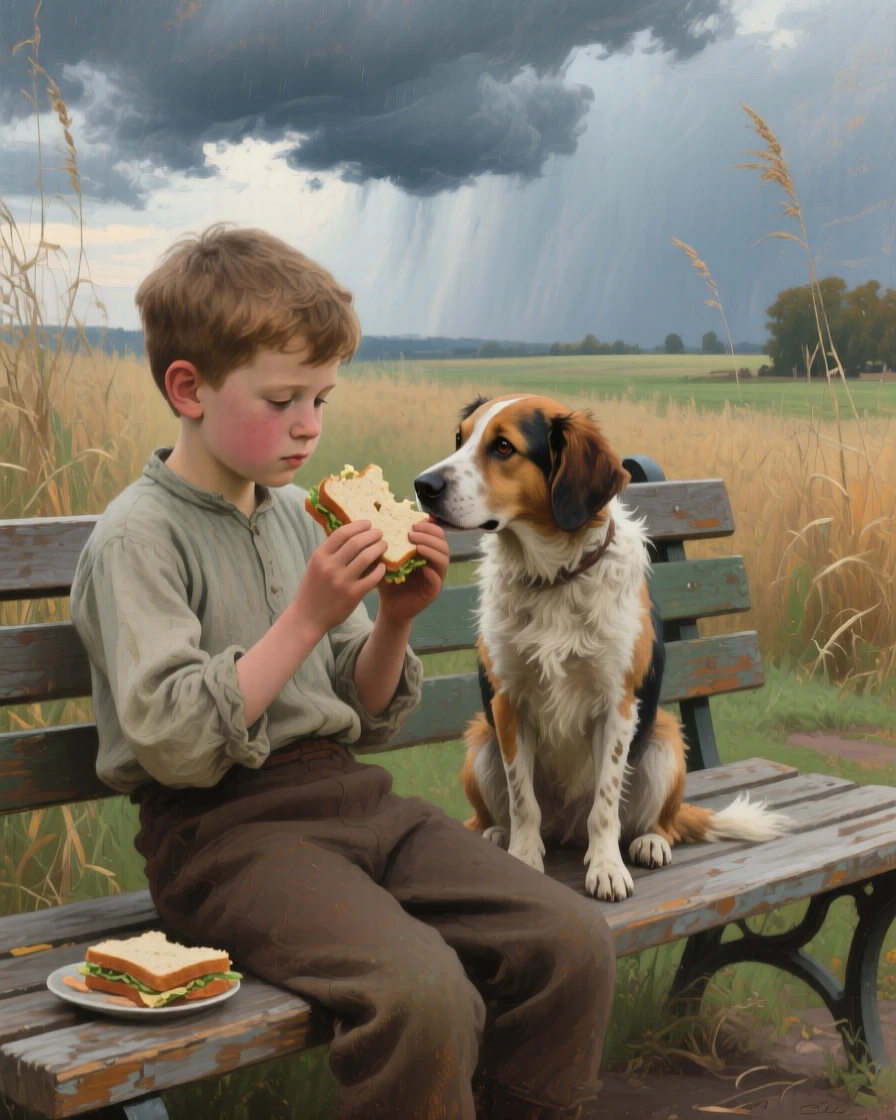 A close-up portrait of a young boy sharing his sandwich with a loyal dog on a park bench, in the American Midwest, beneath heavy grey storm clouds.
