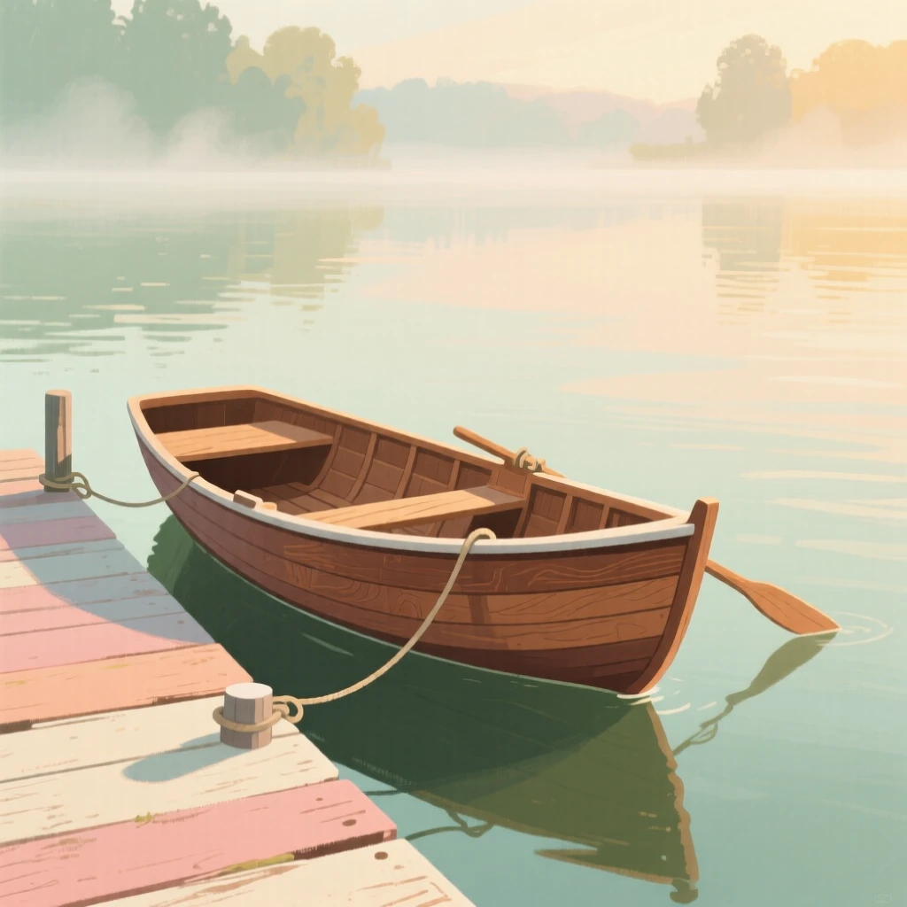 A wooden rowboat tied to a dock on a still morning lake