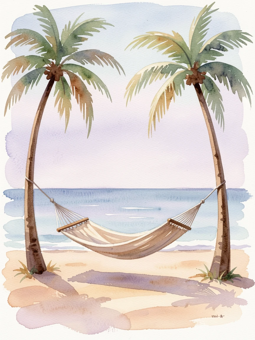 A peaceful hammock overlooking a calm ocean horizon with a gentle, restorative stillness.