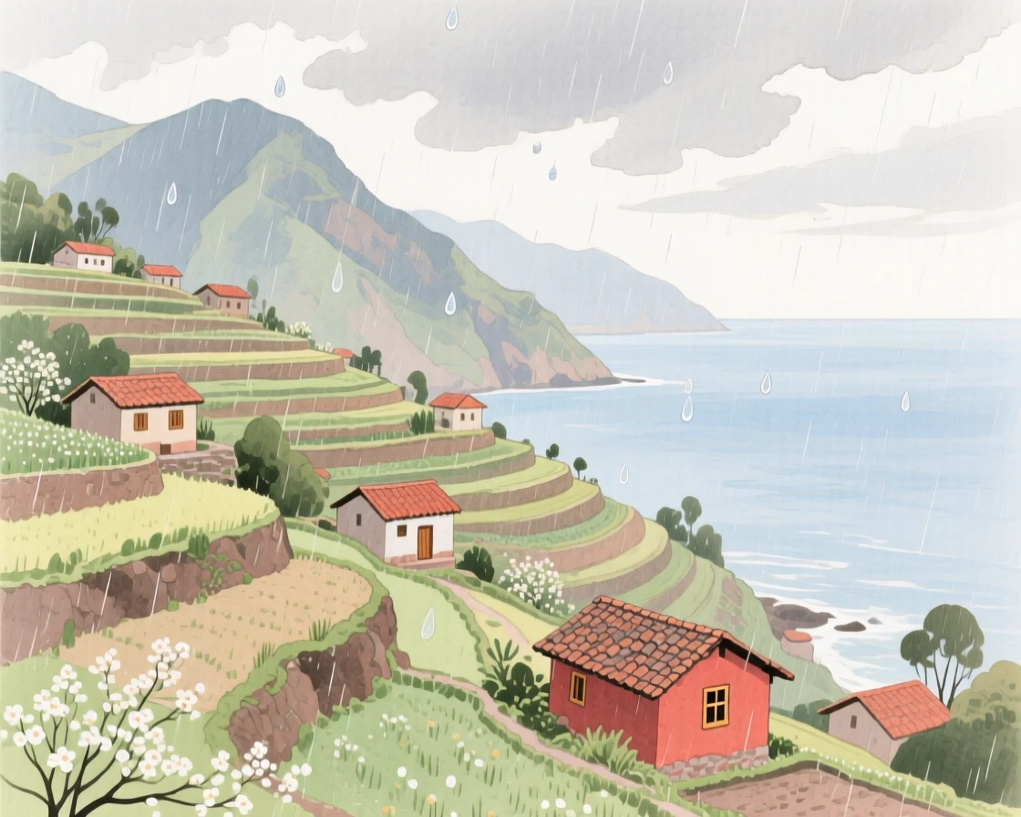 A picturesque view of a Andean mountain village with terraced gardens overlooking the sea, during a gentle spring rain