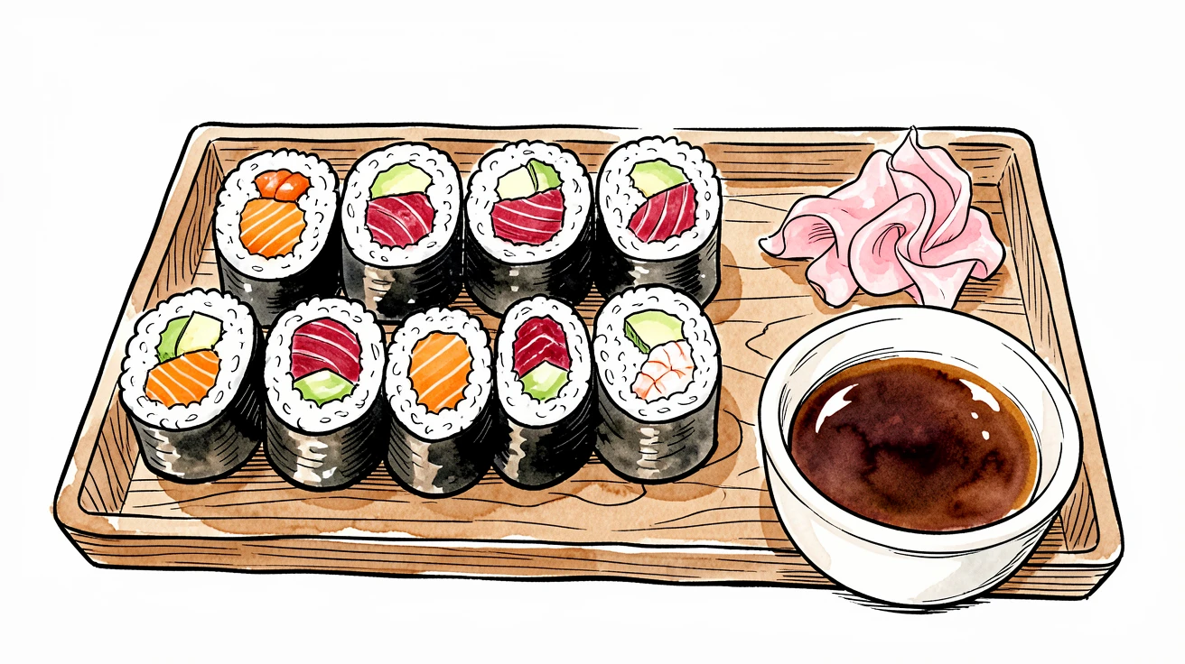 A tray of colorful sushi rolls arranged with pickled ginger and a small dish of soy sauce