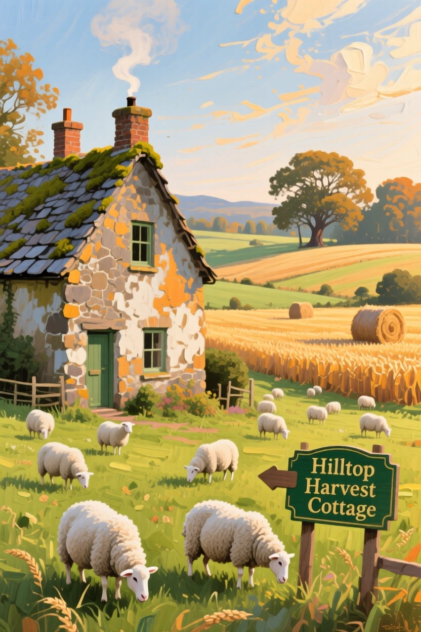 a stone cottage surrounded by grazing sheep, during harvest season, with a balanced, spacious view of the surroundings.