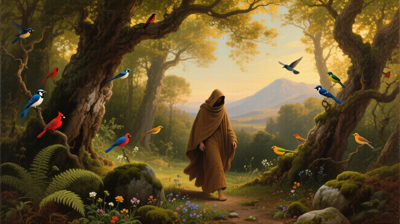 A hooded traveler wanders deep into a thicket alive with birdsong as sunlight filters through the leaves.