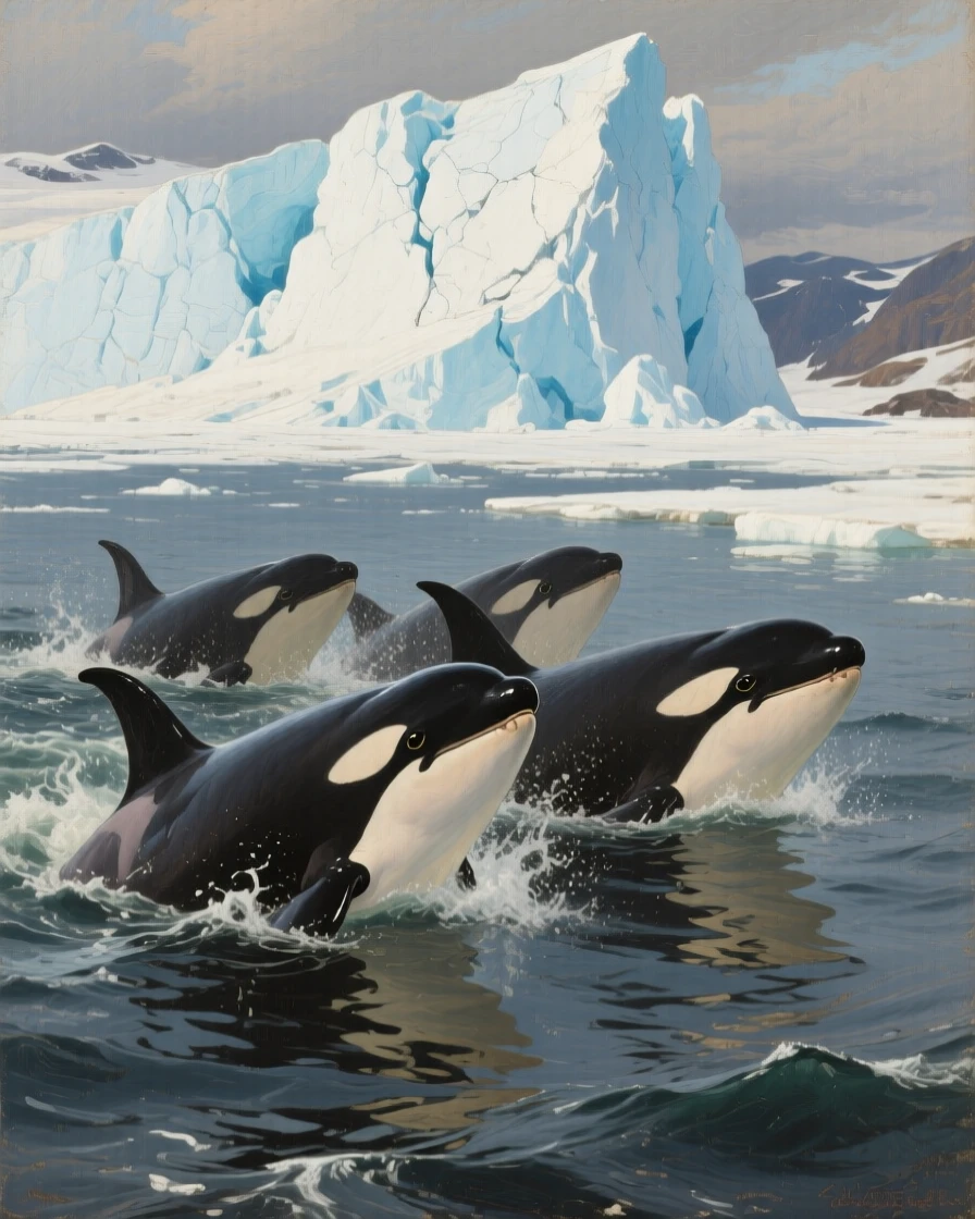 A pod of orcas breaching together in the icy waters near a glacier, its eyes sharp and fully alert to the surroundings, showing the animal in its truest, most authentic element