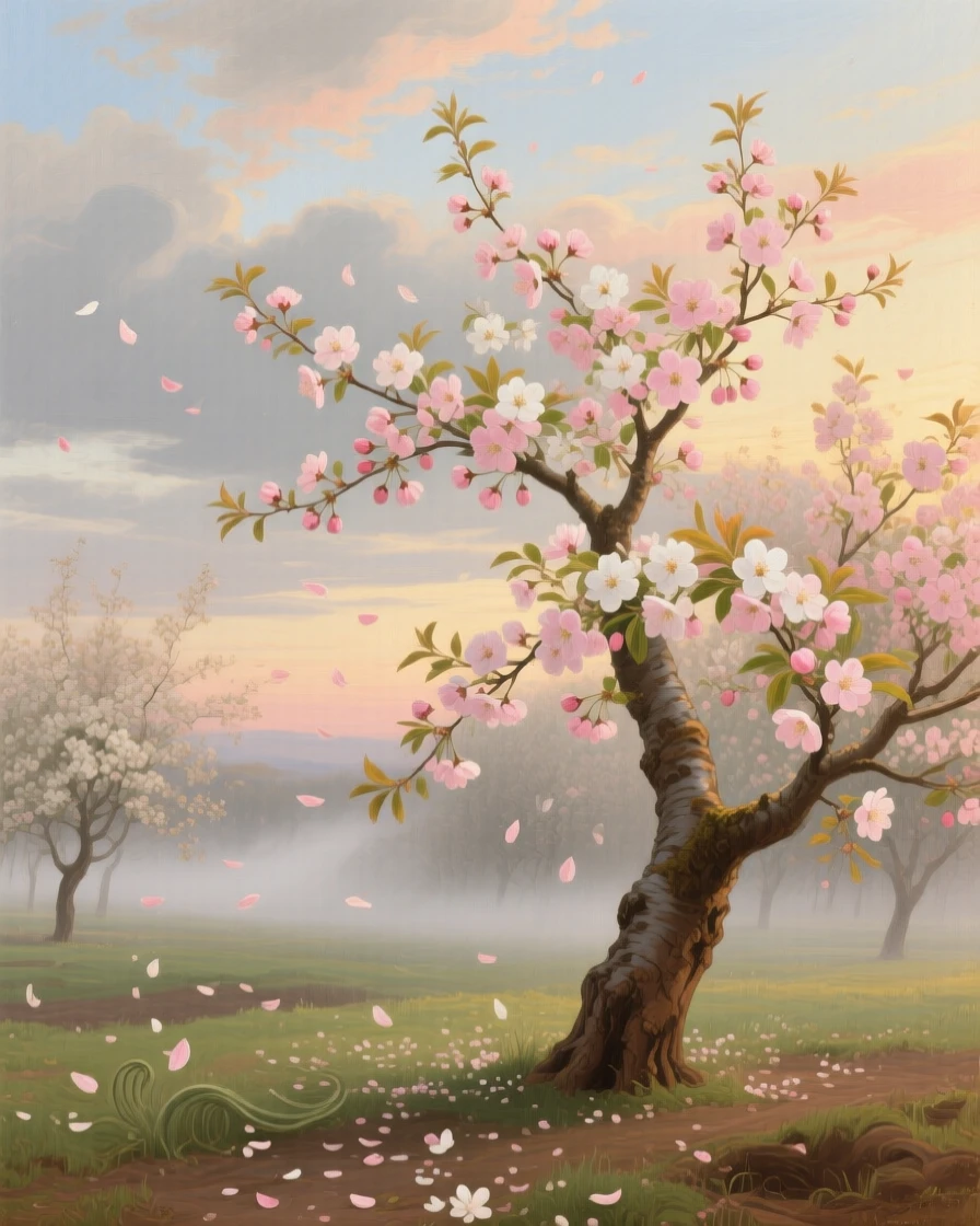 A blossoming cherry orchard scattering petals on a spring breeze glowing under the last light of a fading afternoon, set beneath an expansive and ever-changing sky, with mist curling low along the ground in the cool morning air; a single striking element anchors an otherwise open, breathing composition, radiating the serene majesty of untouched nature.