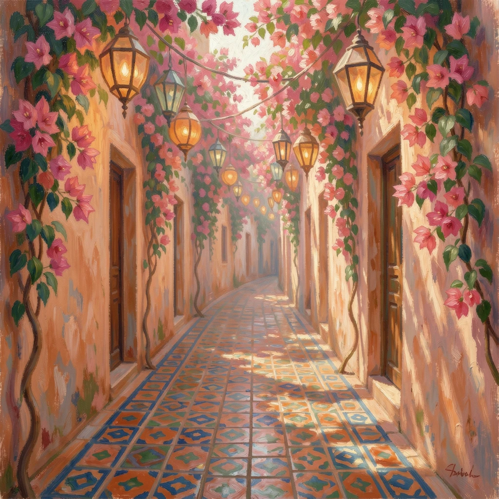 A hidden alley in Marrakech filled with mosaic tiles, hanging lanterns, and climbing bougainvillea.