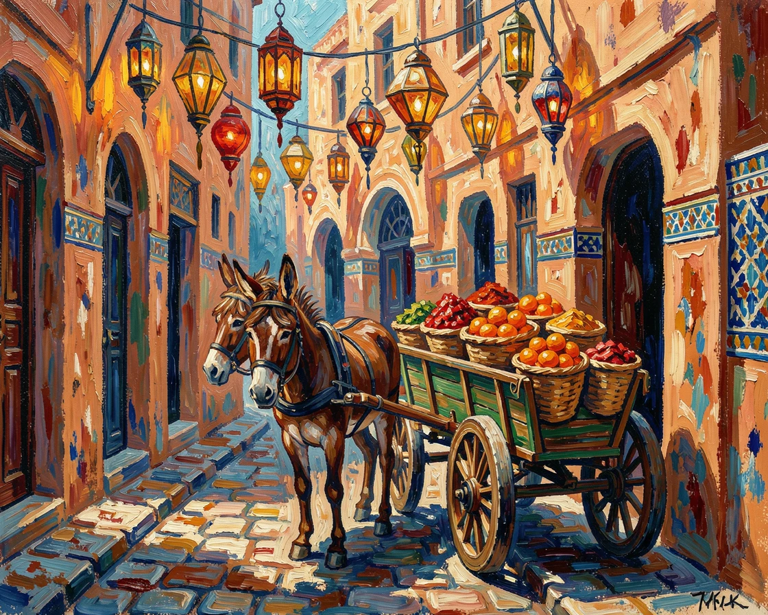 A narrow street in Marrakech with hanging lanterns and a donkey cart passing by.