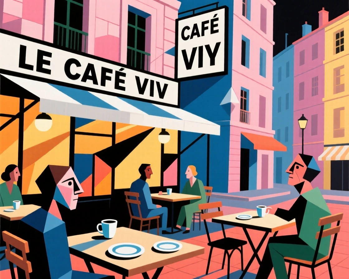 A vibrant scene of a warmly lit café terrace framed by pastel-colored buildings leaning close together.
