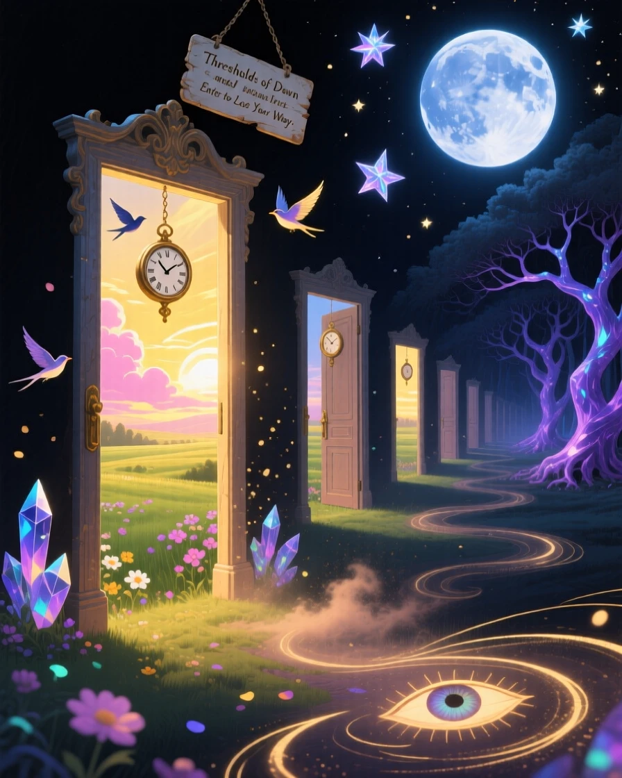 A doorway that opens onto both daybreak and midnight simultaneously repeats itself endlessly in every direction, while dust drifts upward instead of settling down.