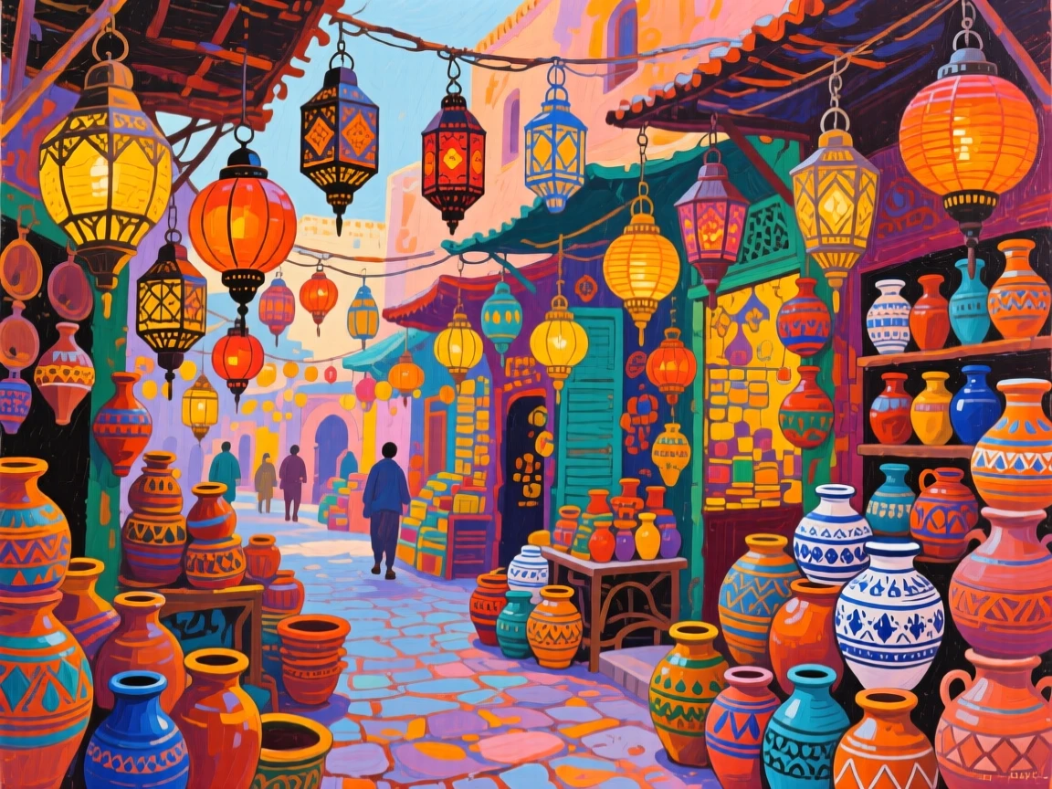 A vibrant street market in Marrakesh filled with hanging lanterns and stacked ceramic pottery