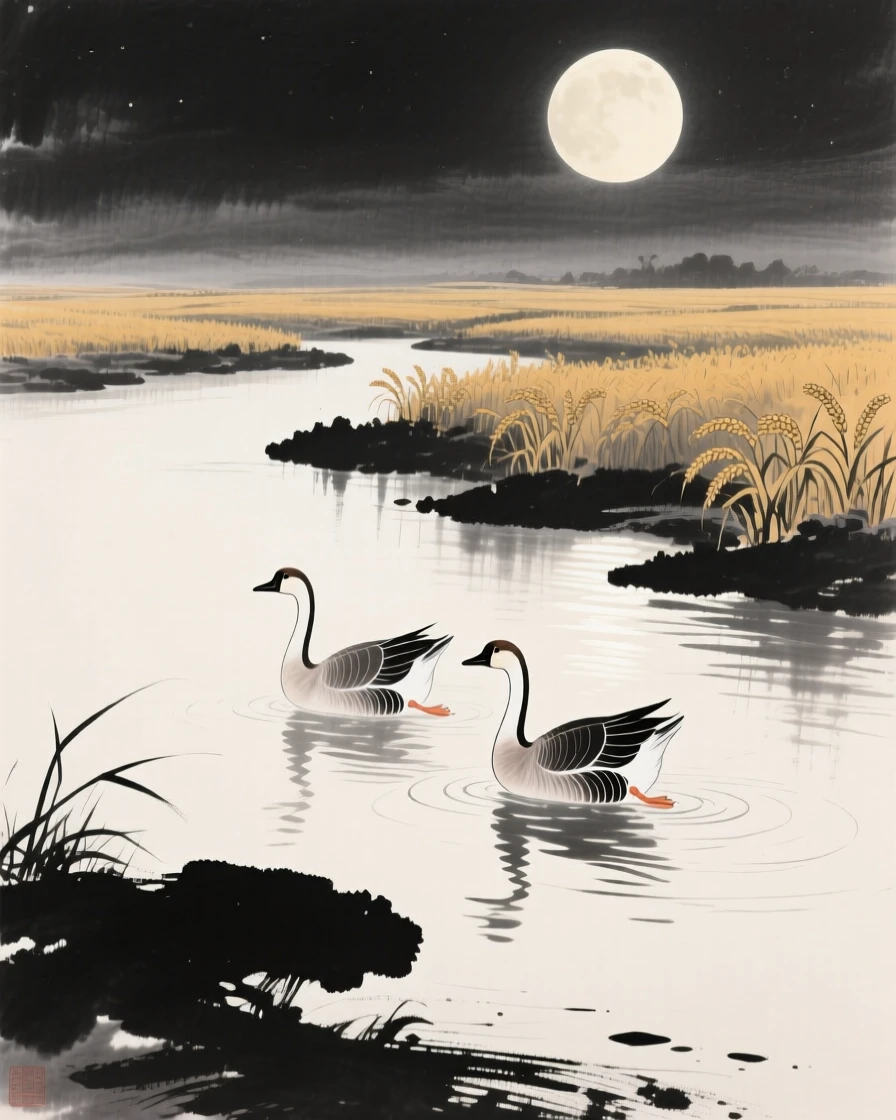 A pair of geese glide low over a moonlit river, above fields turning gold with the season.