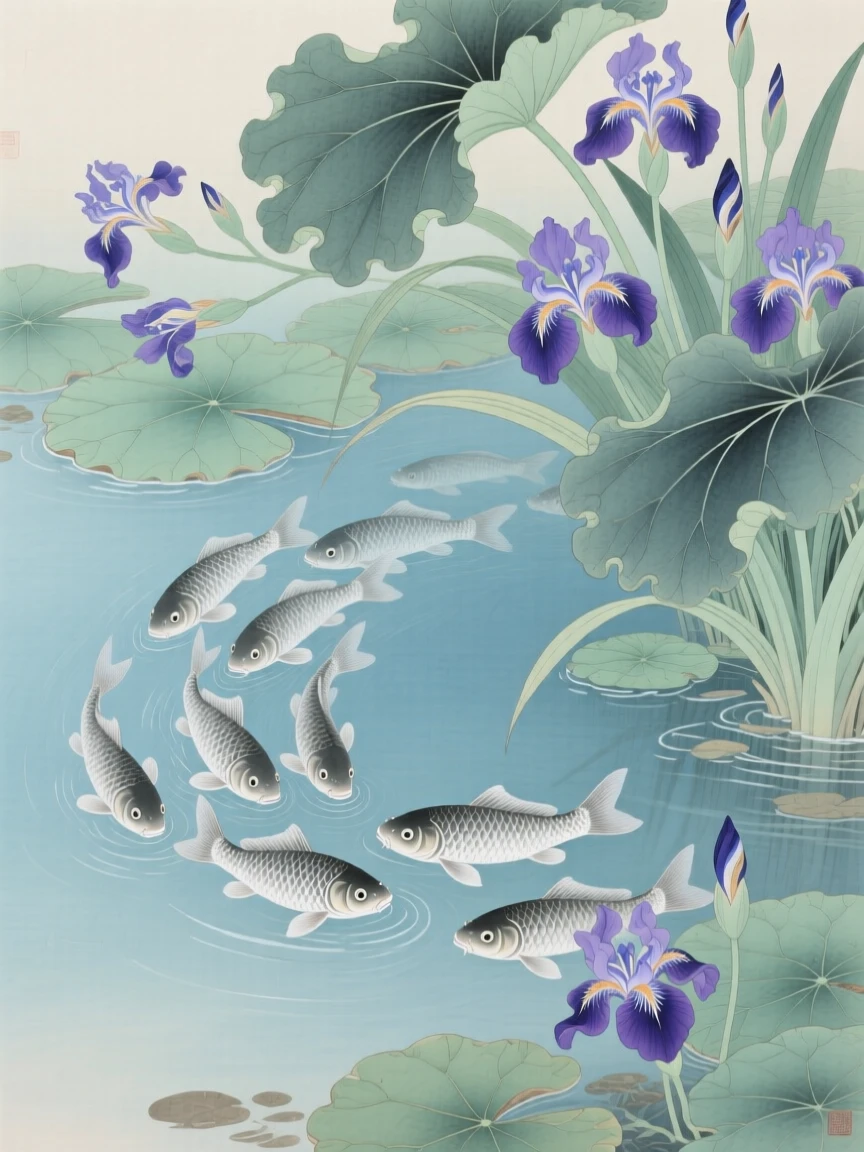 A school of silver fish beneath lily pads in a garden pond surrounded by iris flowers